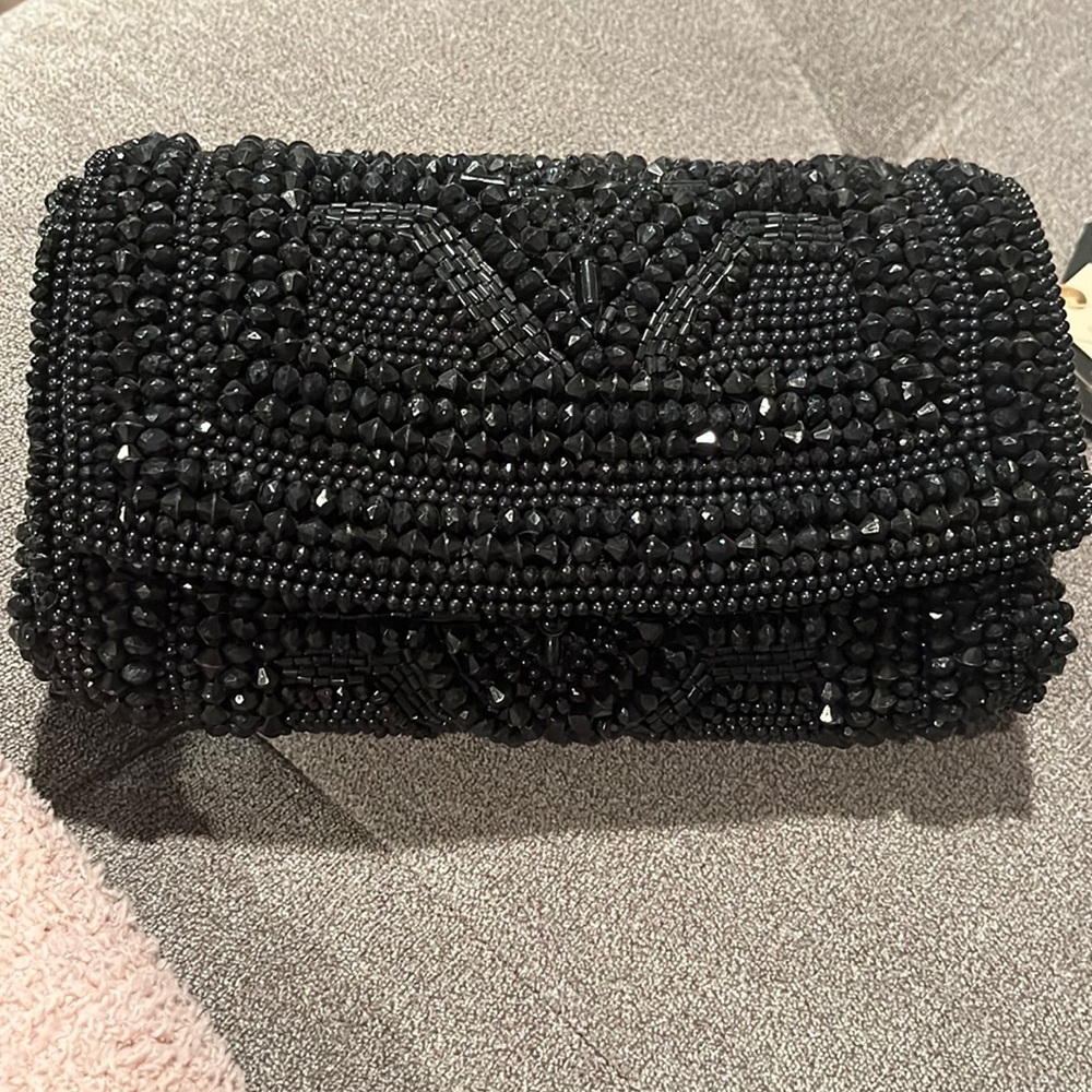 Made In India Black Hand-Sewn Beaded Snap Closure Crossbody Or Clutch Bag